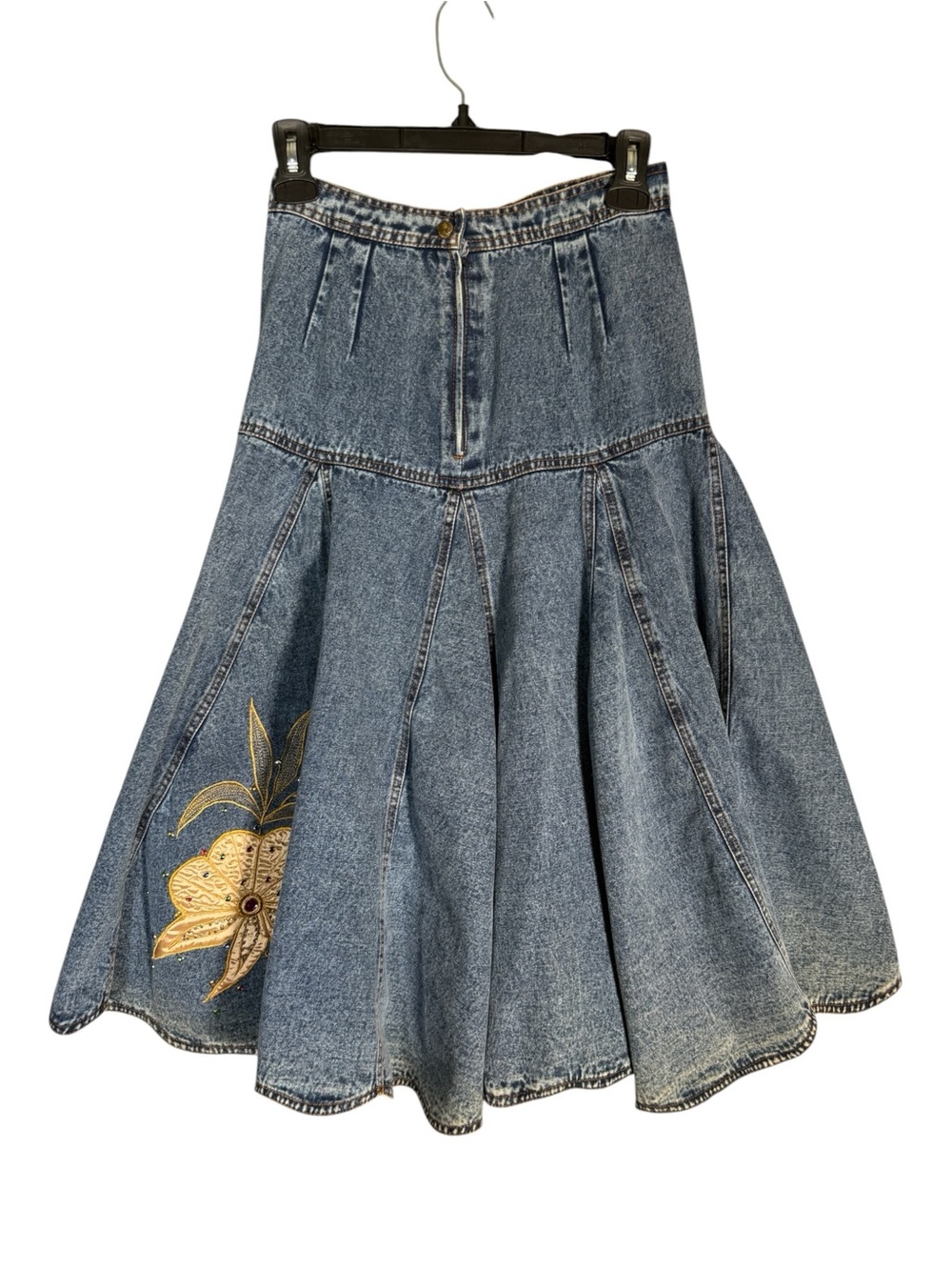 Denim Midi Skirt with Flower Applique  Fairy 90s Y2k Cowgirl XS